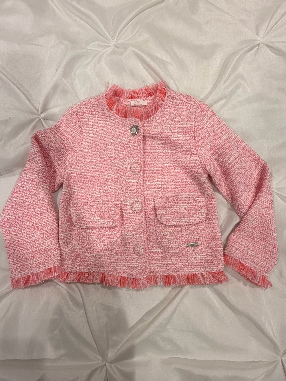 Girls Pink Tweed Fringe Jacket Size 24m - Picture 1 of 9
